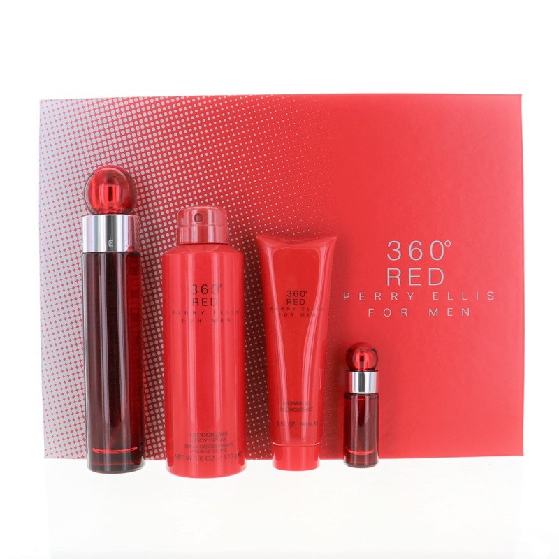 Perry Ellis 360 Red 4 Pc Set EDT Spray 3.4, Deo 6.0, Sg 3.0, Spray 0.25 Oz Cologne by Perry Ellis for Men