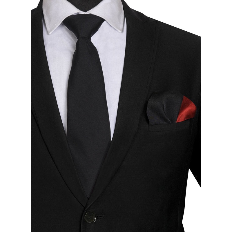 Chokore Black color Plain Silk Tie & Two-in-one Red & Black silk pocket square set