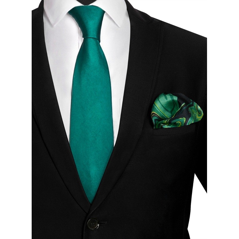 Chokore Dark Sea Green Silk Tie & Lemon Green & Black Silk Pocket Square from the Marble Design set