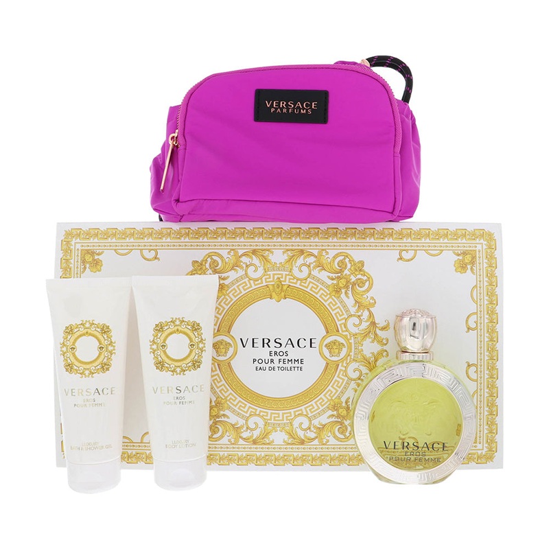 Versace Eros Pour Femme By Versace Perfume 4 Piece Gift Set – 3.4 Oz Edt Spray, 3.4 Oz Bath & Shower Gel, 3.4 Oz Body Lotion,  Soft Make Up Case For Women – Gift Set