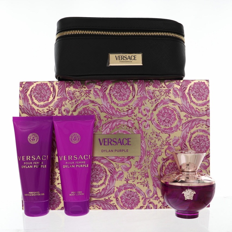 Versace Dylan Purple By Versace Perfume 4 Piece Gift Set – 3.4 Oz Edp Spray, 3.4 Oz Bath & Shower Gel, 3.4 Oz Body Lotion,  Small Beauty Case For Women – Gift Set