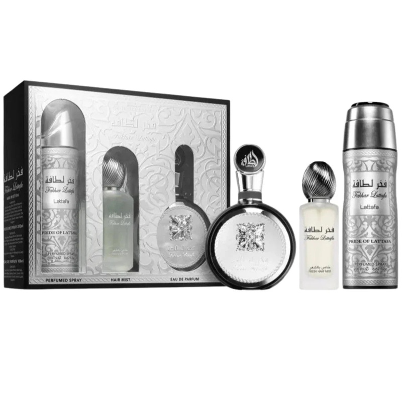 Lattafa Fakhar 3PCS Gift Set – 100ML EDP Spray + 200ML Perfumed Spray + 50ML Hair Mist (Men)