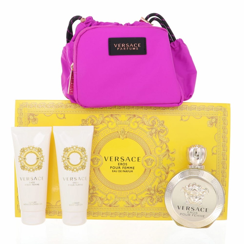 Versace Eros Pour Femme By Versace Perfume 4 Piece Gift Set – 3.4 Oz Edp Spray, 3.4 Oz Bath & Shower Gel, 3.4 Oz Body Lotion,  Versace Soft Make Up Case For Women – Gift Set