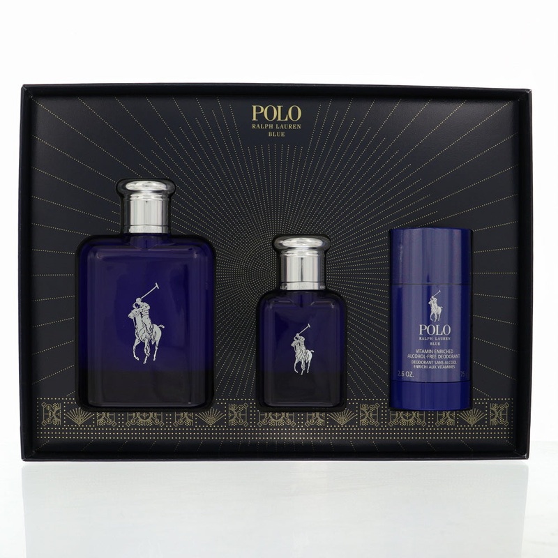 Polo Blue By Ralph Lauren 3 Piece Gift Set – 4.2 Oz Eau De Toilette Spray, 1.36 Oz Eau De Toilette Spray, 2.6 Oz Deodorant Alcohol Free For Men In Gift Set