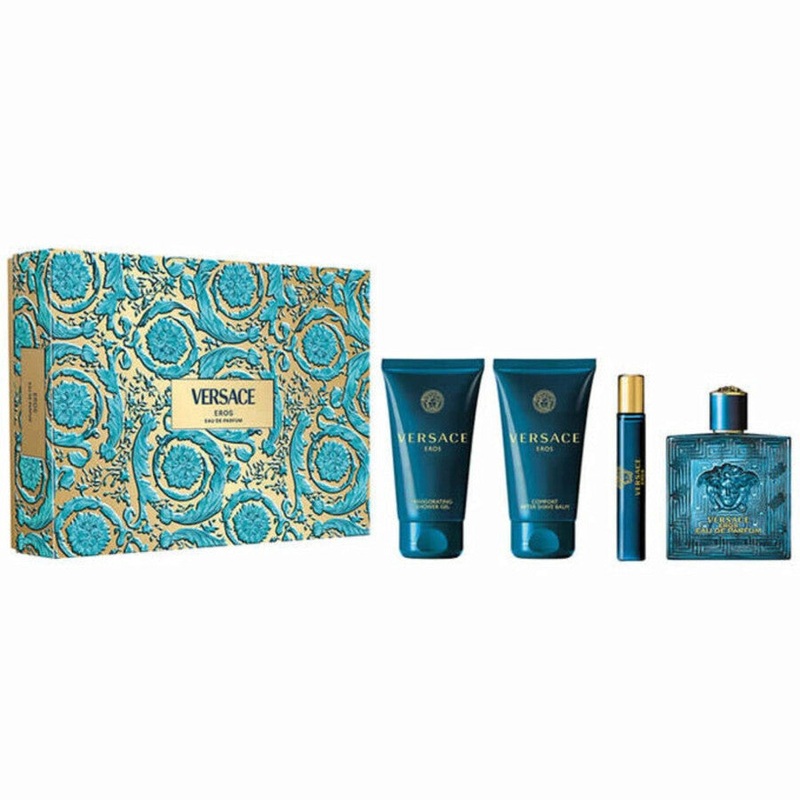Versace Eros Gift Set for Men 4 Piece Gift Set for Men (3.4 OZ Eau de Parfum + 2.5 OZ AfterShave + 2.5 OZ Shower Gel + Mini)