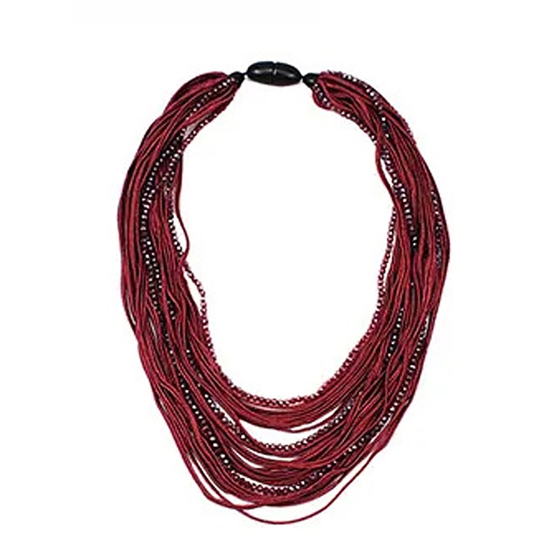 Chokore Multilayer Ribbon & Bead Boho Necklace (Wine Red)