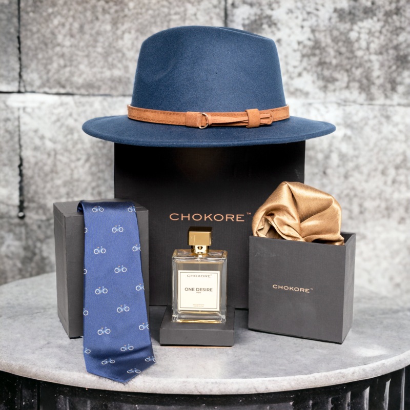 Chokore Special 4-in-1 Gift Set for Him (Pocket Square, Necktie, Hat & 100 ml One Desire Perfume)