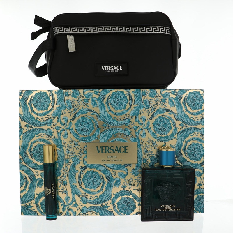 Versace Eros By Versace Cologne 3 Piece Gift Set – 3.4 Oz Edt Spray, 0.3 Oz Edt Spray,  Black Trousse For Men – Gift Set