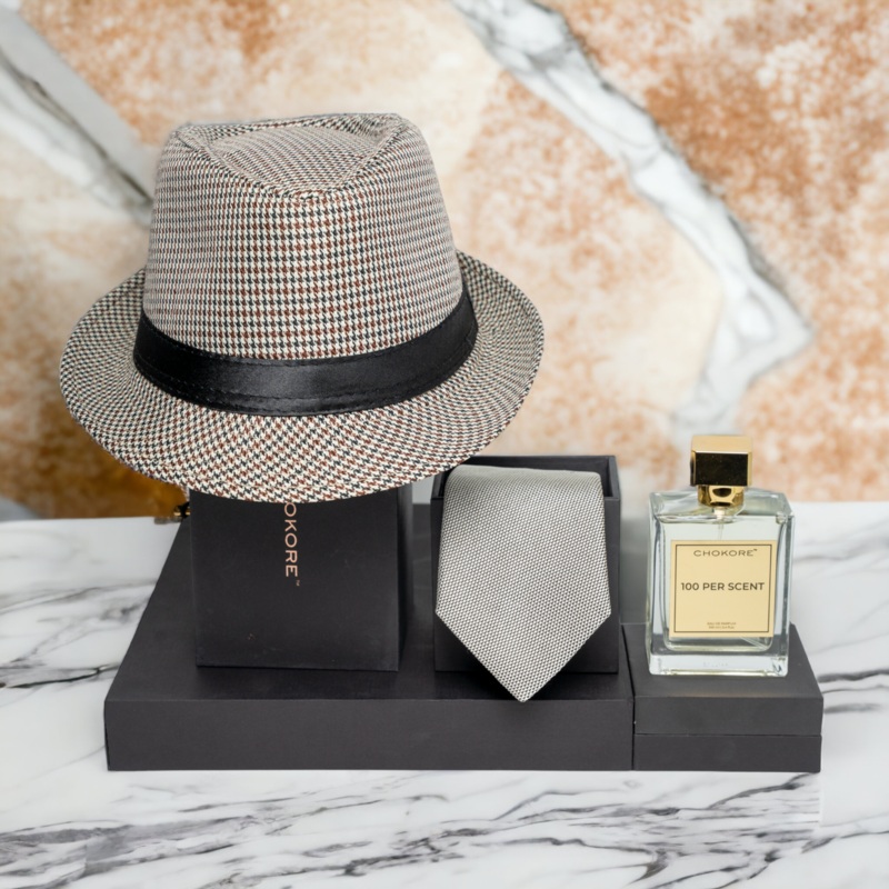 Chokore Special 3-in-1 Gift Set for Him (Fedora Hat, Necktie, & 100 Per Scent Perfume)