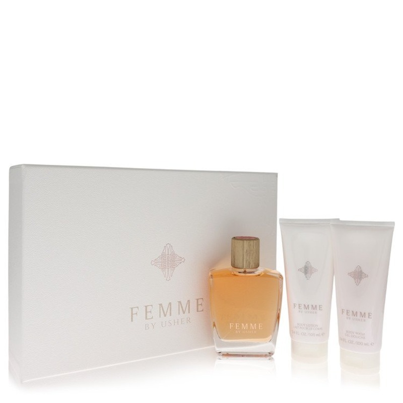 Usher Femme By Usher Perfume 3 Piece Gift Set – 3.4 Oz Edp Spray, 3.4 Oz Shower Gel, 3.4 Oz Body Lotion For Women – Gift Set