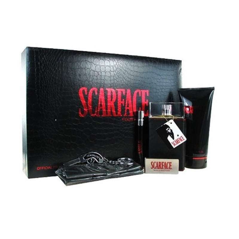 Scarface Al Pacino Gift Set by Universal Studios 6 Piece Gift Set: 3.4 Oz Eau De Toilette Spray + 6.8 Oz Body Lotion + 0.34 Oz Miniature Spray + Money Clip + Key Chain + Scarf. For Men