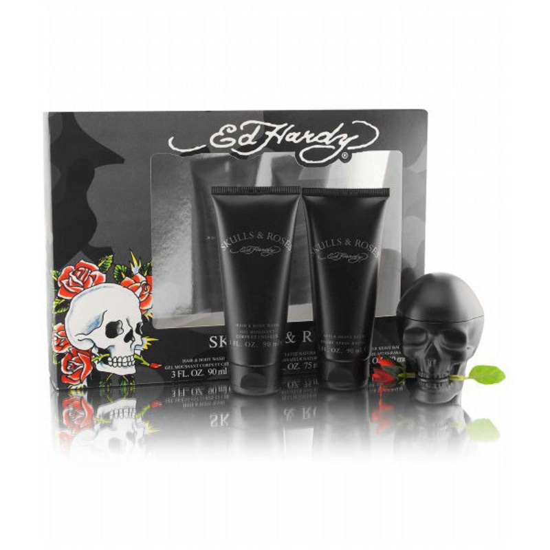 Ed Hardy Skulls & Roses Gift Set by Christian Audigier 4 Piece Gift Set: 3.4 Oz Eau De Toilette Spray + 3.0 Oz After Shave Balm + 4.2 Oz Hair And Body Wash + 0.25 Oz Mini Spray. For Men