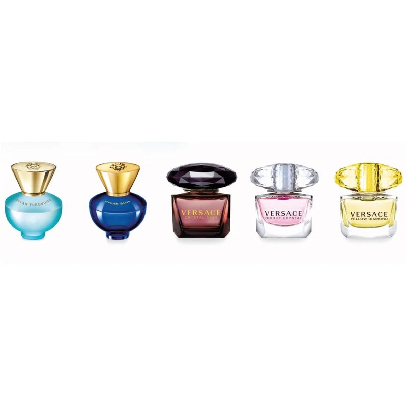 Versace Miniature Gift Set – (5 X 5ML) Dylan Turquoise EDT + Dylan Blue EDP + Crystal Noir EDT + Bright Crystal EDT + Yellow Diamond EDT (Women)