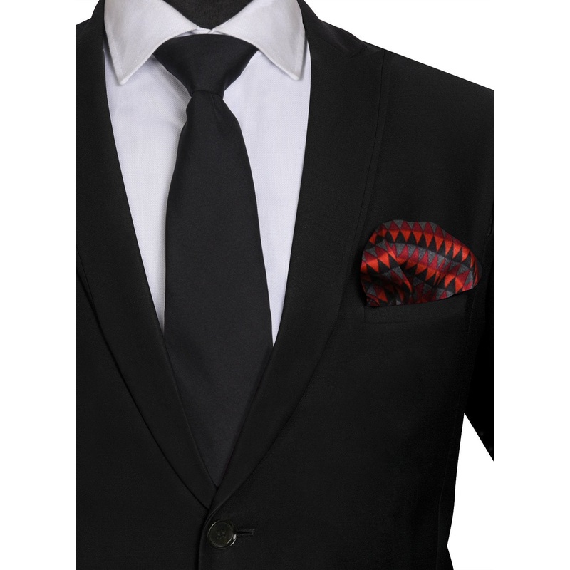 Chokore Black color silk tie & Red and Black Silk Pocket Square set