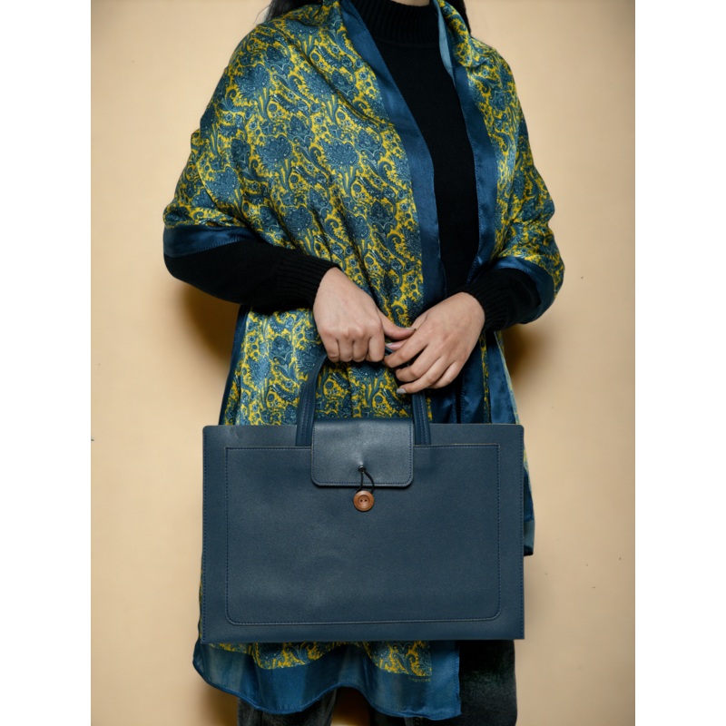 Chokore Large Blue Vegan Leather Bag & Printed Blue-Yellow Satin Stole Combo