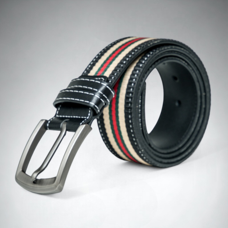 Chokore Adjustable Stripe Canvas Design Leather Belt (Black)