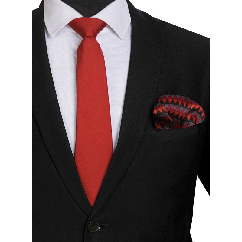 Chokore Red color silk tie & Red and Black Silk Pocket Square set