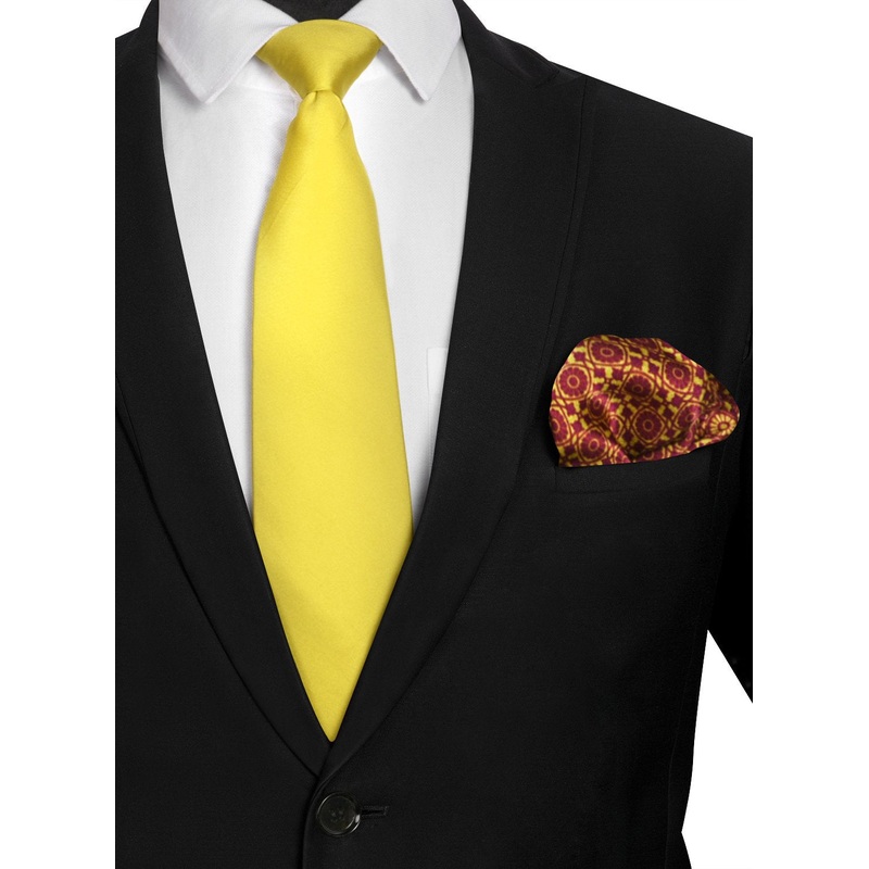 Chokore Yellow color silk tie & Burgundy and Lemon Green Silk Pocket Square set