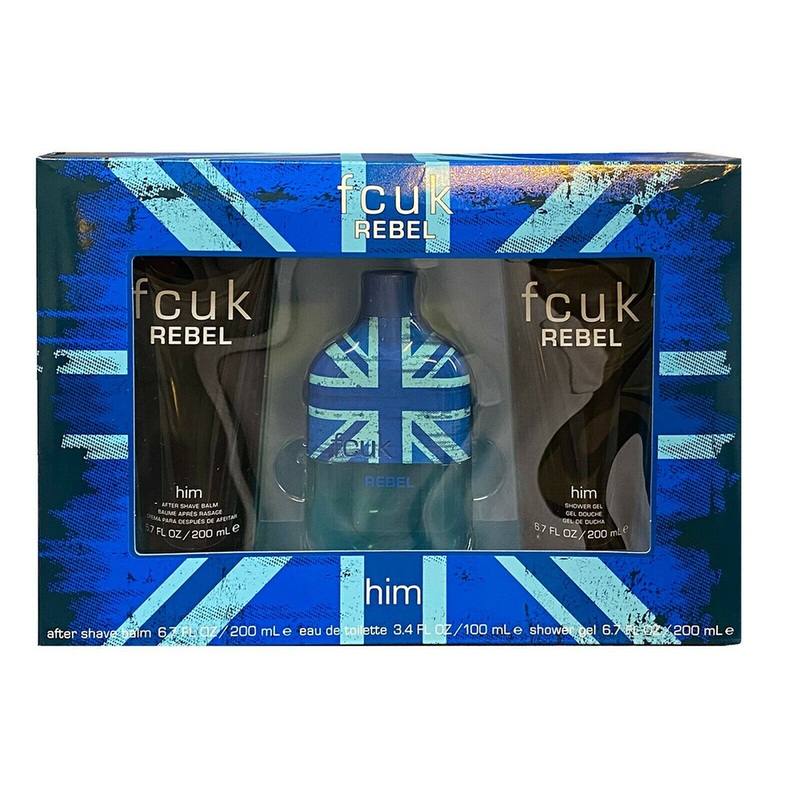 FCUK Rebel Him Gift Set – 100ML EDT Spray + 200ML After Shave Balm + 200ML Shower Gel (Men)