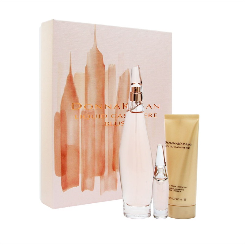Donna Karan Liquid Cashmere Blush for Women 3 Piece Set Includes: 3.4 oz Eau de Parfum Spray + 3.4 oz Seductive Body Lotion + 0.24 oz Eau de Parfum Miniature