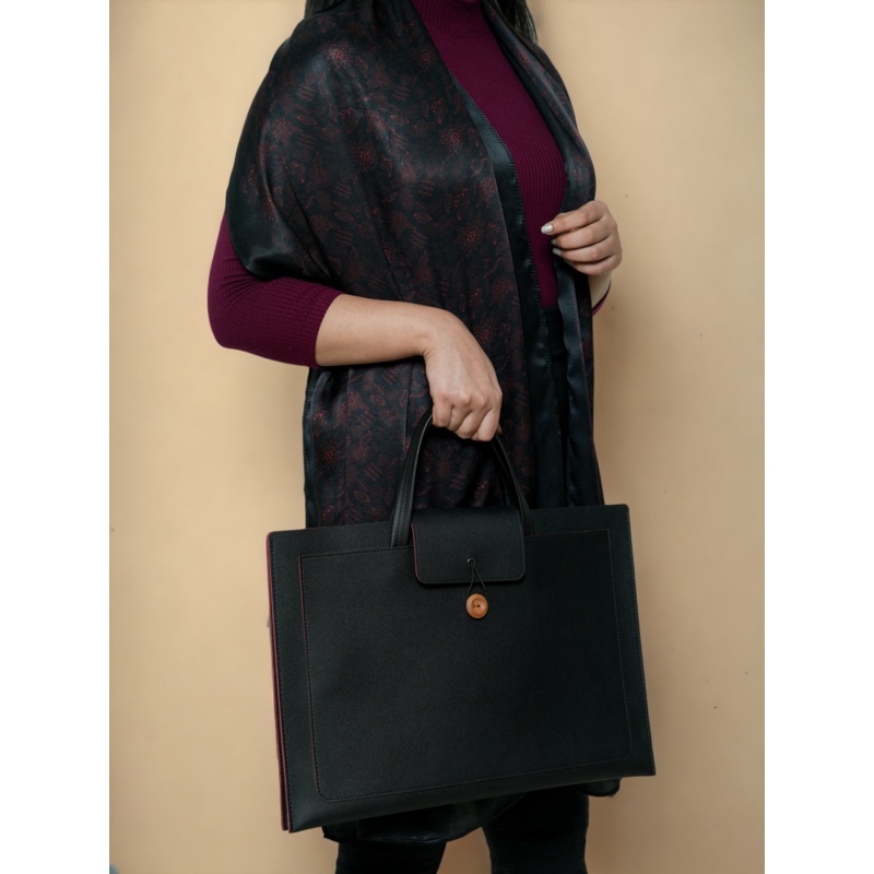 Chokore Large Black Vegan Leather Bag & Printed Black-Red Satin Stole Combo