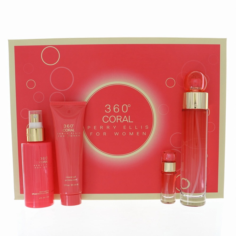 Perry Ellis 360 Coral 4 Pc Set EDP Spray 3.4, B/M 4.0, S/G 3.0, Spray 0.25 Oz Perfume by Perry Ellis for Women