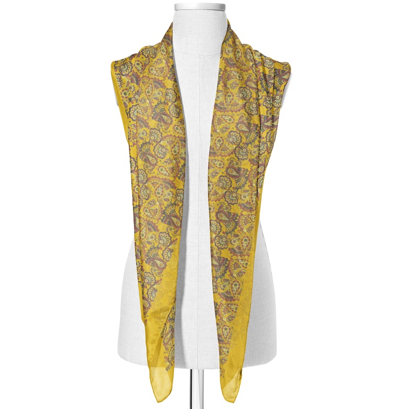 Printed Mustard Yellow & Rust Satin Silk Stole for Women
