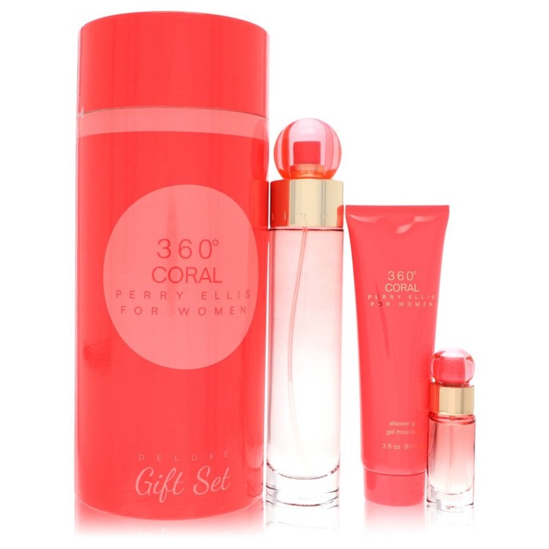 Perry Ellis 360 Coral by Perry Ellis Gift Set — 3.4 oz Eau de Parfum Spray + .25 oz Mini EDP Spray + 3 oz Shower Gel for Women – Premium Designer Fragrance