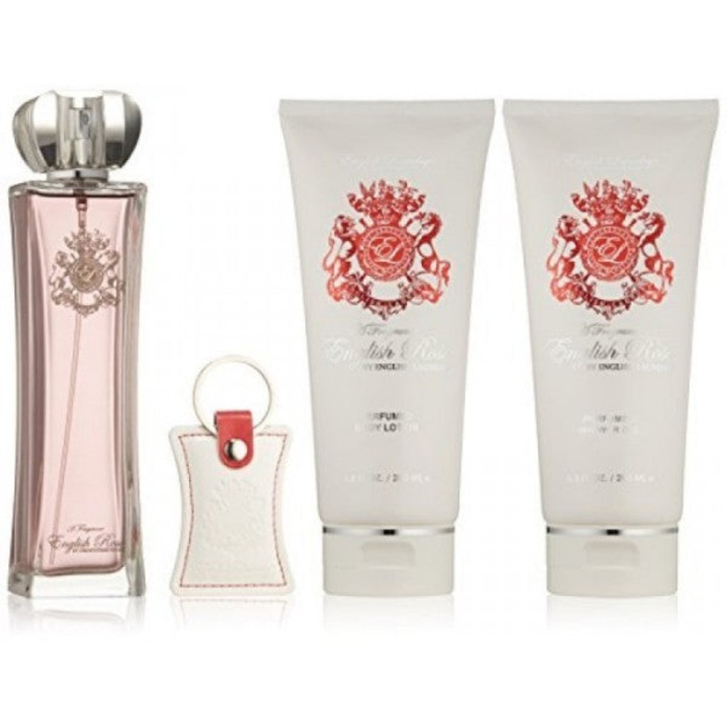 English Rose Gift Set by English Laundry 4 Piece Gift Set: 3.4 Oz Eau De Parfum Spray + 6.8 Oz Shower Gel + 6.8 Oz Body Lotion + Key Chain. For Women