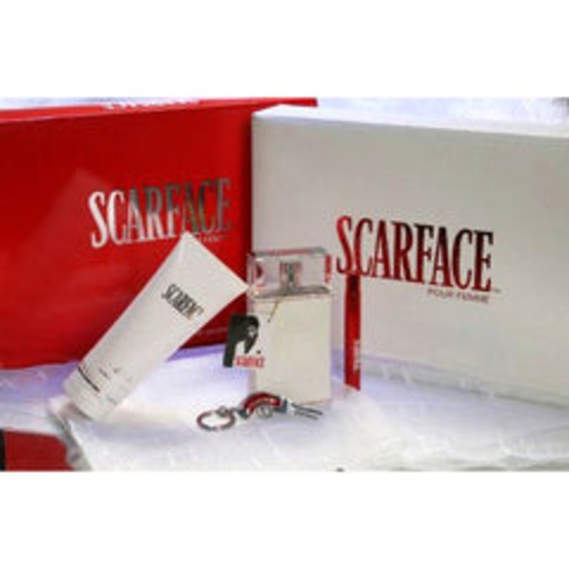 Scarface Al Pacino Gift Set by Universal Studios 5 Piece Gift Set: 3.4 oz Eau de Parfum Spray + 6.8 oz Body Lotion + 0.34 oz Eau de Parfum Mini Spray + Scarf + Key Chain for Women