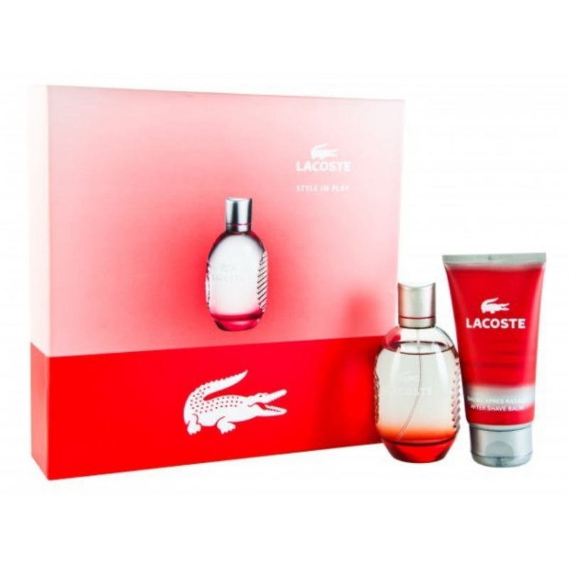 Red Style in Play Gift Set by Lacoste 3 Piece Gift Set: 4.2 Oz Eau De Toilette Spray + 2.5 Oz Aftershave Balm + 1.6 Oz Shower Gel. For Men