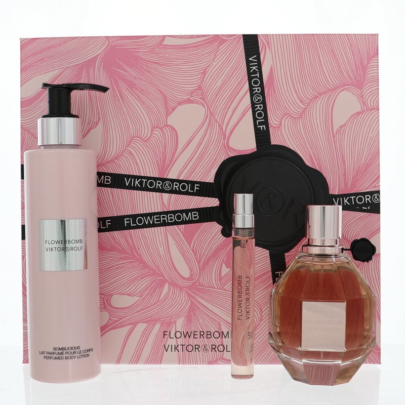 Flower Bomb By Viktor & Rolf 3 Piece Gift Set – 3.4 Oz Eau De Parfum Spray, 0.34 Oz Eau De Parfum Spray, 6.7 Oz Body Cream For Women In Gift Set