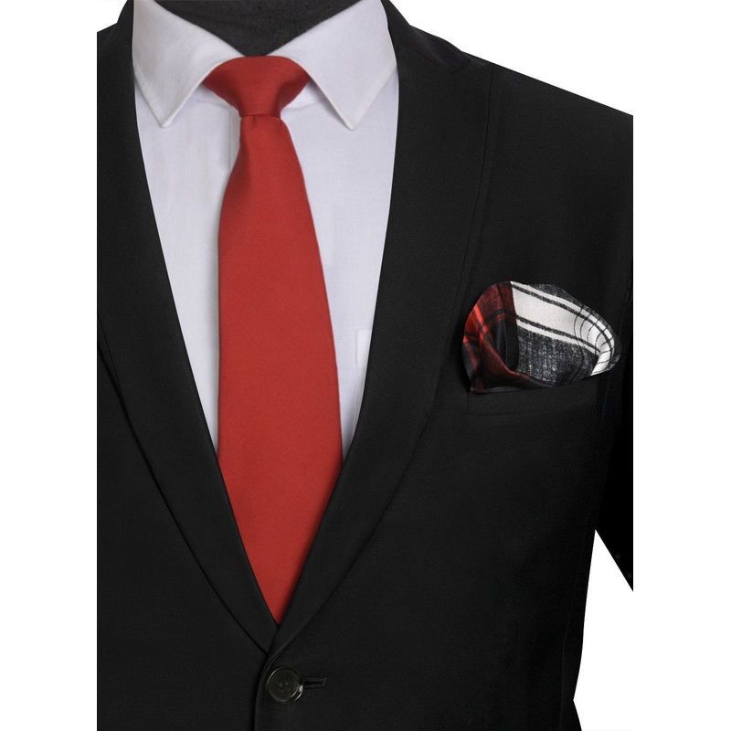 Chokore Red color Plain Silk Tie & Four-in-one Black & Red pure silk pocket square set