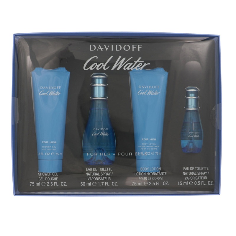 Cool Water By Davidoff Perfume 4 Piece Gift Set – 1.7 Oz Edt Spray, 0.5 Oz Edt Spray, 2.5 Oz Shower Gel, 2.5 Oz Body Lotion For Women – Gift Set