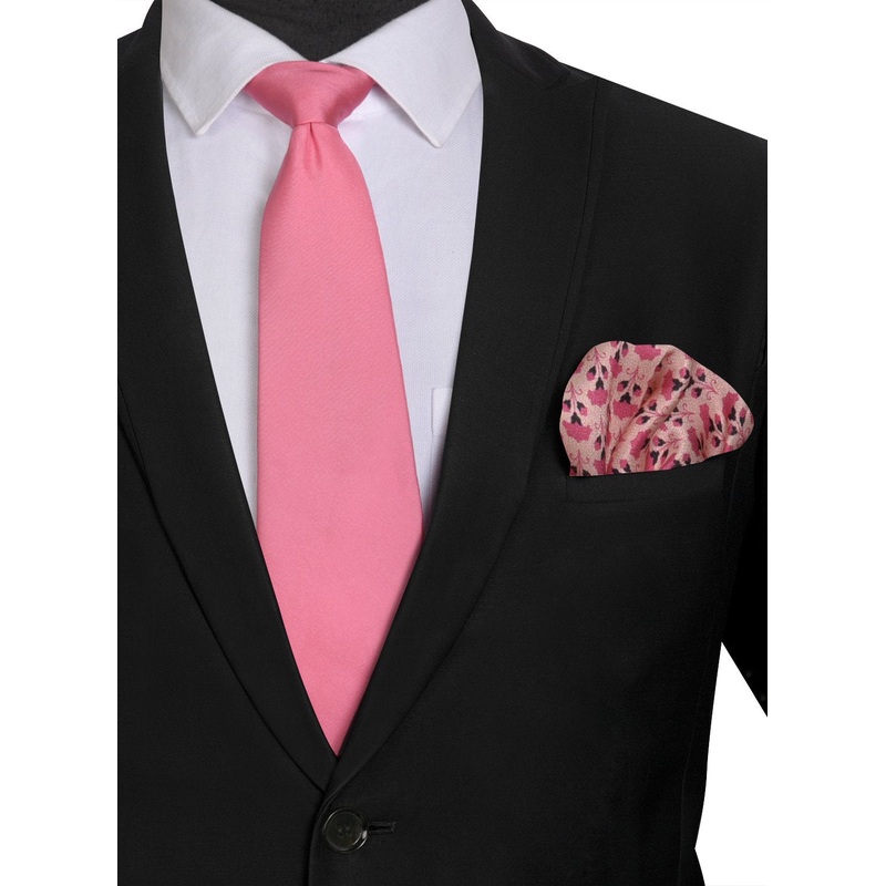 Chokore Pink color Plain Silk Tie & Pink color floral print silk pocket square set