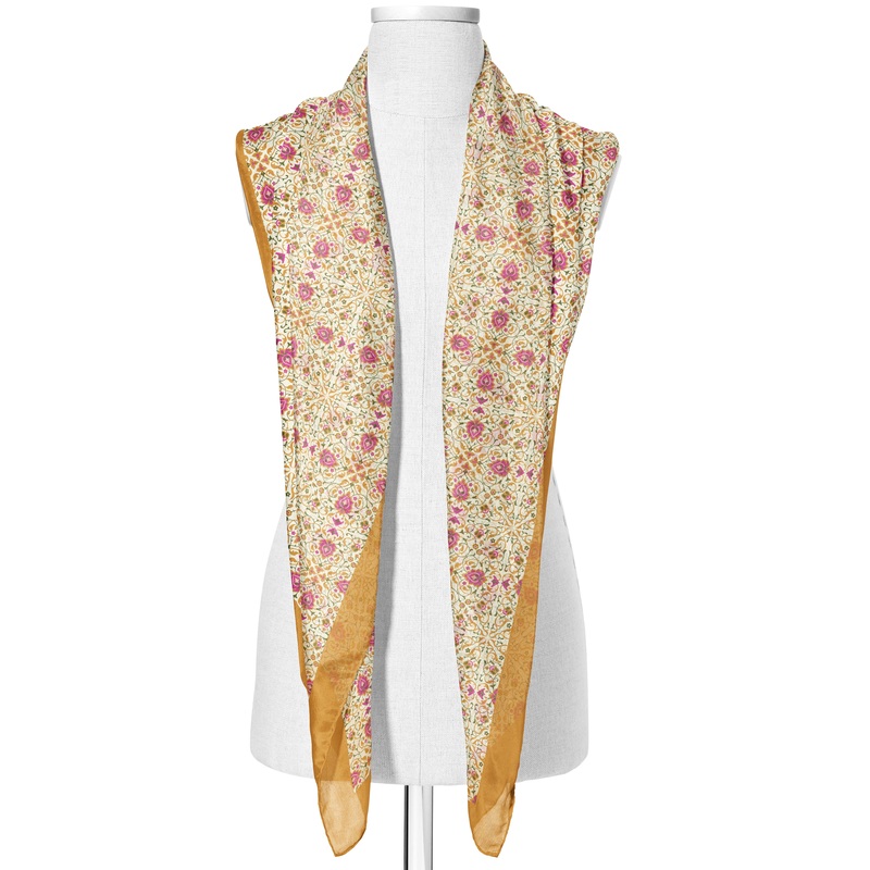 Printed Off White, Orange & Pink Satin Silk Stole for Women