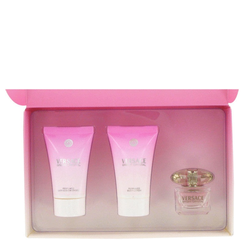 Bright Crystal by Versace Gift Set — .17 oz Mini EDT + .8 oz Shower Gel + .8 oz Body Lotion for Women – Premium Designer Fragrance