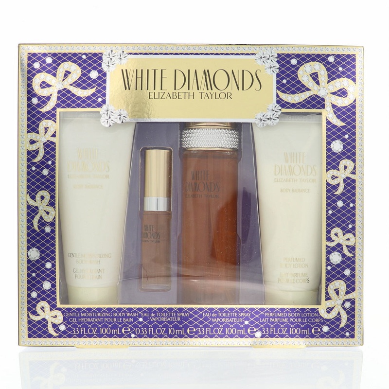 White Diamond 4 Pc Set EDT Spray 3.3, Spray 0.3, B/C 3.3, B/W 3.3 Oz Perfume by Elizabeth Taylor for Women