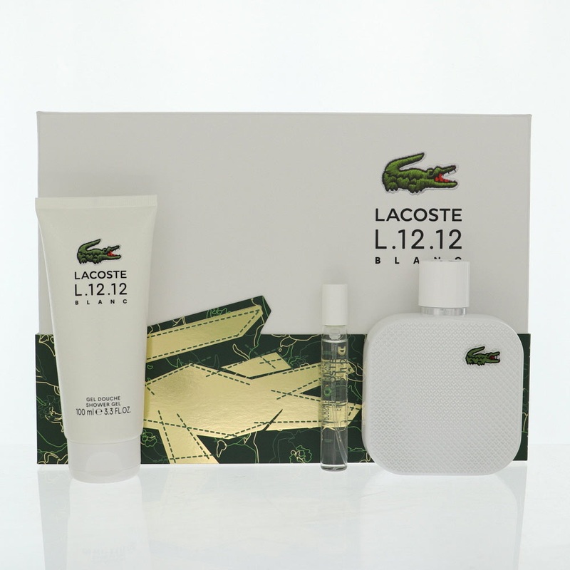 Lacoste Eau De Lacoste L.12.12 Blanc By Lacoste Cologne 3 Piece Gift Set – 3.3 Oz Edt Spray, 0.25 Oz Edt Spray, 3.3 Oz All – Over Shower Gel For Men – Gift Set