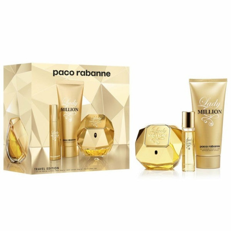 Lady Million Gift Set by Paco Rabanne 5 Piece Gift Set: 2.7 Oz Eau De Parfum Spray + 0.17 Oz Mini Edp + Solid Parfum With Re Usable Charms + Lipstick + Keyring. For Women