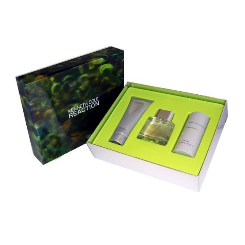 Reaction Gift Set by Kenneth Cole 4 Piece Gift Set: 3.4 Oz Eau De Toilette Spray + .5 Oz Mini Spray + 3.4 After Shave Gel + 2.6 Deodorant Stick. For Men