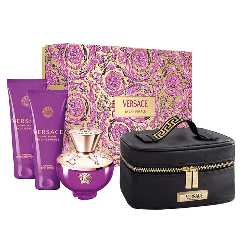 Versace Dylan Purple 4PCS Gift Set – 100ML EDP Spray + 100ML Body Lotion + 100ML Shower Gel + Versace Beauty Case (Women)