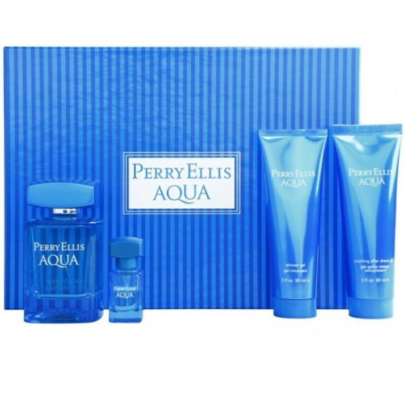 Perry Ellis Aqua Gift Set by Perry Ellis 4 Piece Gift Set: 3.4 Oz Eau De Toilette Spray + 0.25 Oz Mini Edt Spray + 3.0 Oz Soothing After Shave + 3.0 Oz Shower Gel. For Men