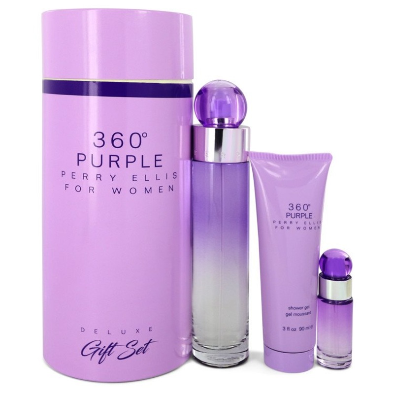Perry Ellis 360 Purple by Perry Ellis Gift Set — 3.4 oz Eau De Parfum Spray + .25 oz Mini EDP Spray + 3 oz Shower Gel for Women – Premium Designer Fragrance
