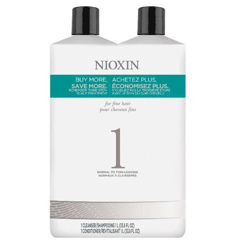 Nioxin System 1 Cleanser & Scalp Therapy Liter Duo by Nioxin 33.8 Oz. Shampoo & Conditioner For Women (For Fine, Normal To Thin Looking Hair)