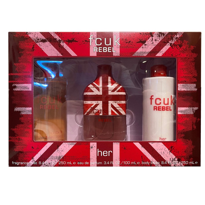 FCUK Rebel Her Gift Set – 100ML EDP Spray + 250ML Body Lotion + 250ML Fragrance Mist (Women)