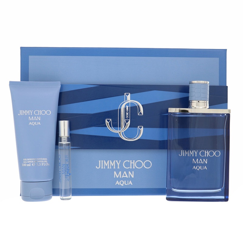 Jimmy Choo Man Aqua By Jimmy Choo 3 Piece Gift Set – 3.3 Oz Eau De Toilette Spray, 0.25 Oz Eau De Toilette Spray, 3.3 Oz All – Over Shower Gel For Men In Gift Set